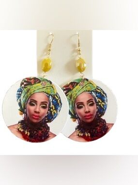 Yellow Bead Drop Earrings with Colorful Portrait Discs